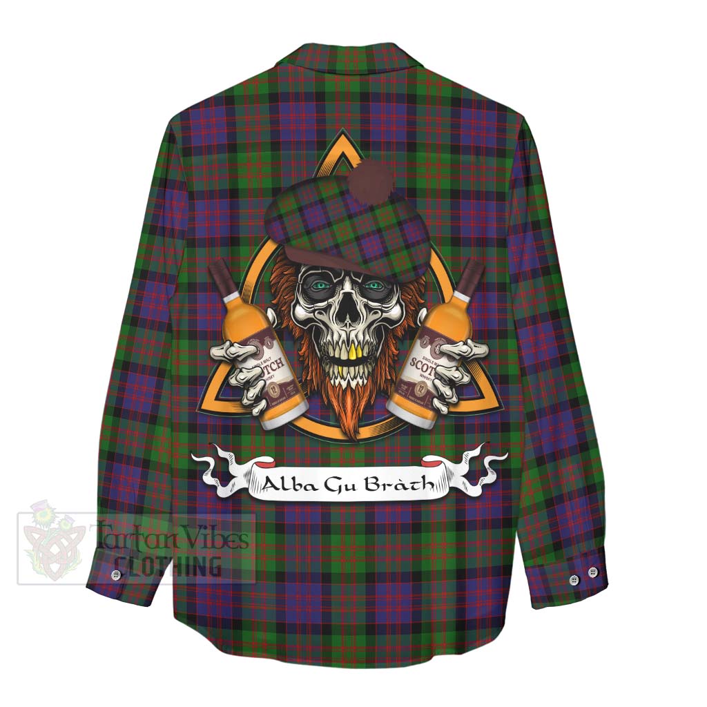 Tartan Vibes Clothing MacDonald (McDonald) Tartan Women's Casual Shirt with Family Crest and Bearded Skull Holding Bottles of Whiskey