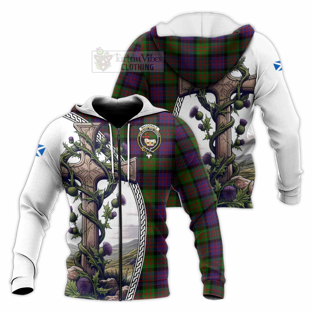 Tartan Vibes Clothing MacDonald (McDonald) Tartan Knitted Hoodie with Family Crest and St. Andrew's Cross Accented by Thistle Vines