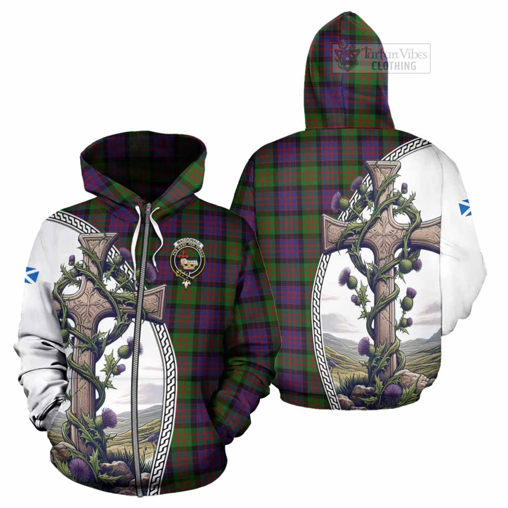 Tartan Vibes Clothing MacDonald (McDonald) Tartan Hoodie with Family Crest and St. Andrew's Cross Accented by Thistle Vines