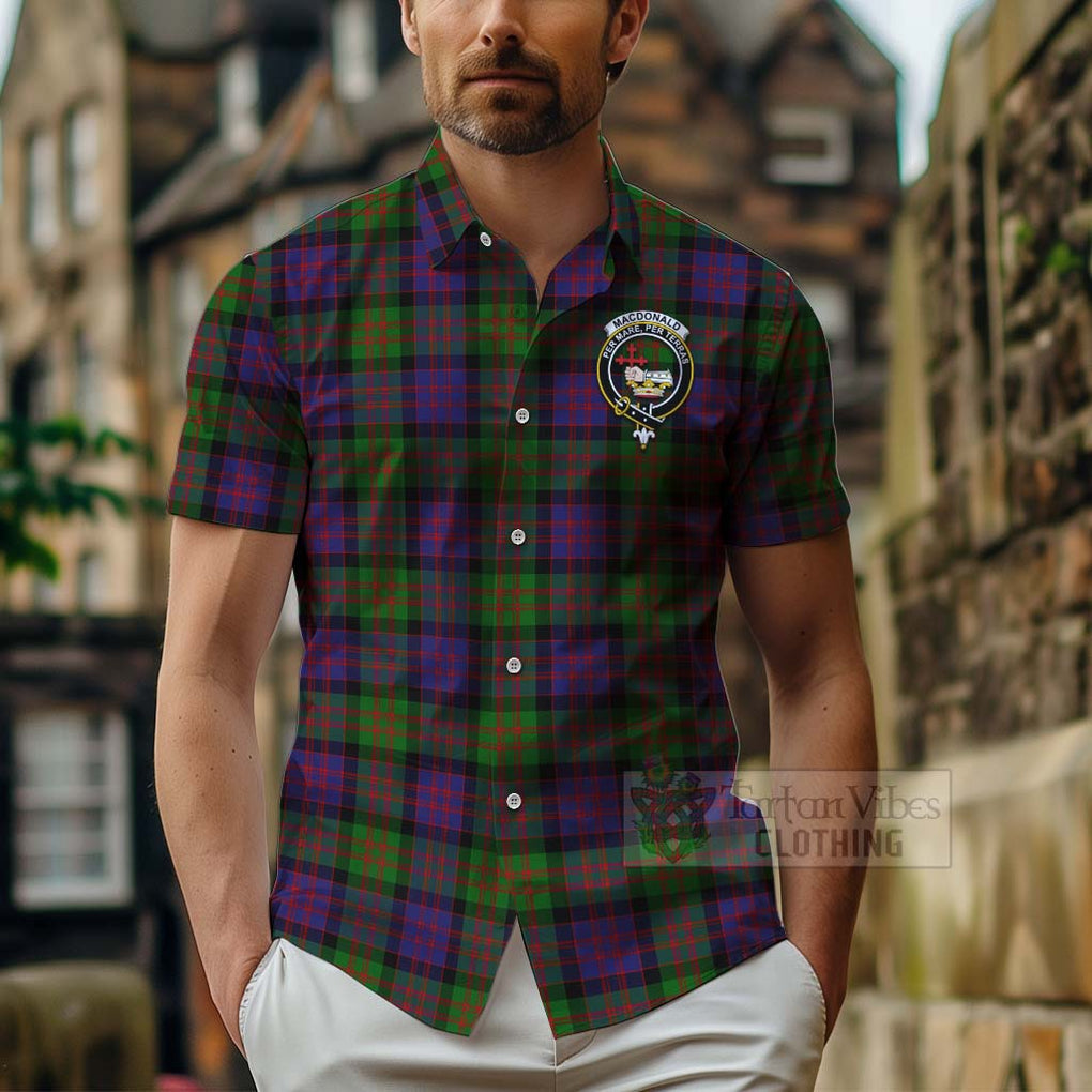 Tartan Vibes Clothing MacDonald (McDonald) Tartan Short Sleeve Button Shirt with Family Crest and Bearded Skull Holding Bottles of Whiskey