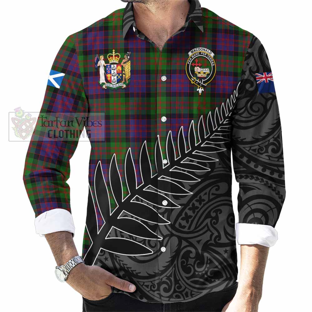 Tartan Vibes Clothing MacDonald (McDonald) Crest Tartan Long Sleeve Button Shirt with New Zealand Silver Fern Half Style