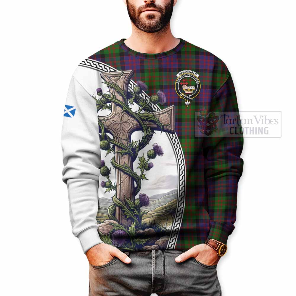 Tartan Vibes Clothing MacDonald (McDonald) Tartan Sweatshirt with Family Crest and St. Andrew's Cross Accented by Thistle Vines