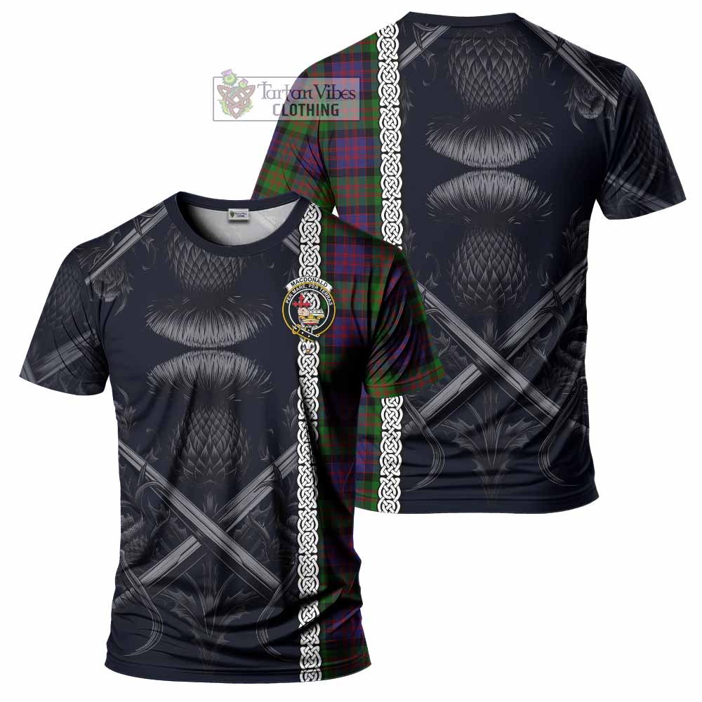 Tartan Vibes Clothing MacDonald (McDonald) Tartan T-Shirt with Family Crest Cross Sword Thistle Celtic Vibes