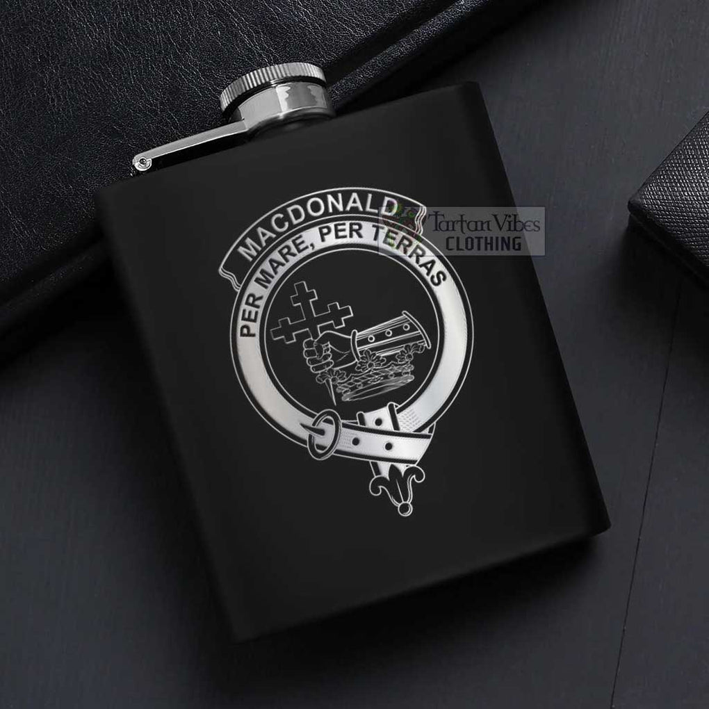 Tartan Vibes Clothing MacDonald (McDonald) Crest Hip Flask Set 7oz Black Stainless Steel with A Gift Box