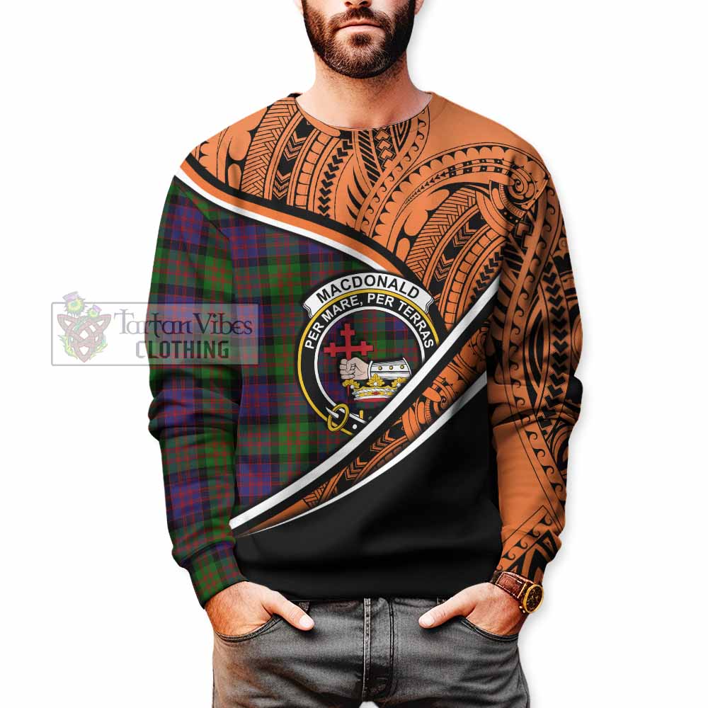 Tartan Vibes Clothing MacDonald (McDonald) Crest Tartan Sweatshirt with Maori Tattoo Style - Orange Version