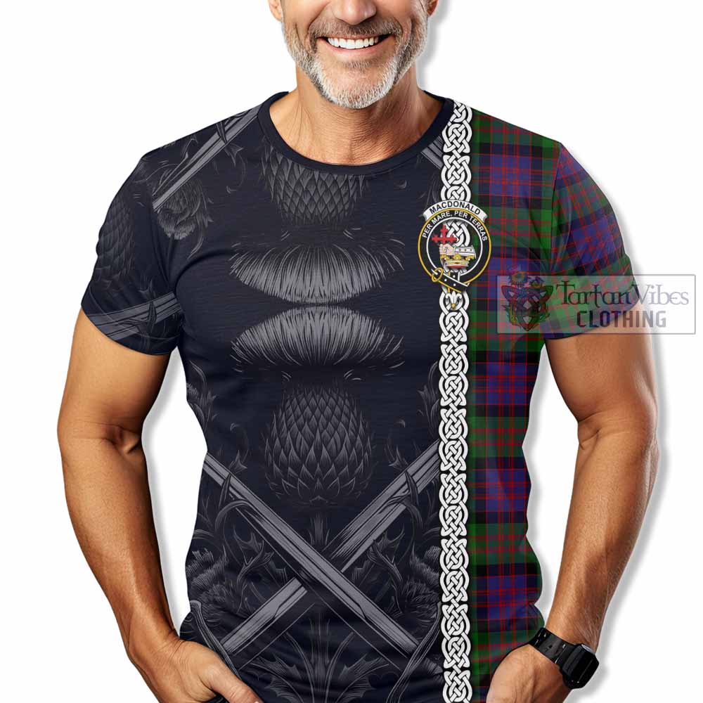 Tartan Vibes Clothing MacDonald (McDonald) Tartan T-Shirt with Family Crest Cross Sword Thistle Celtic Vibes