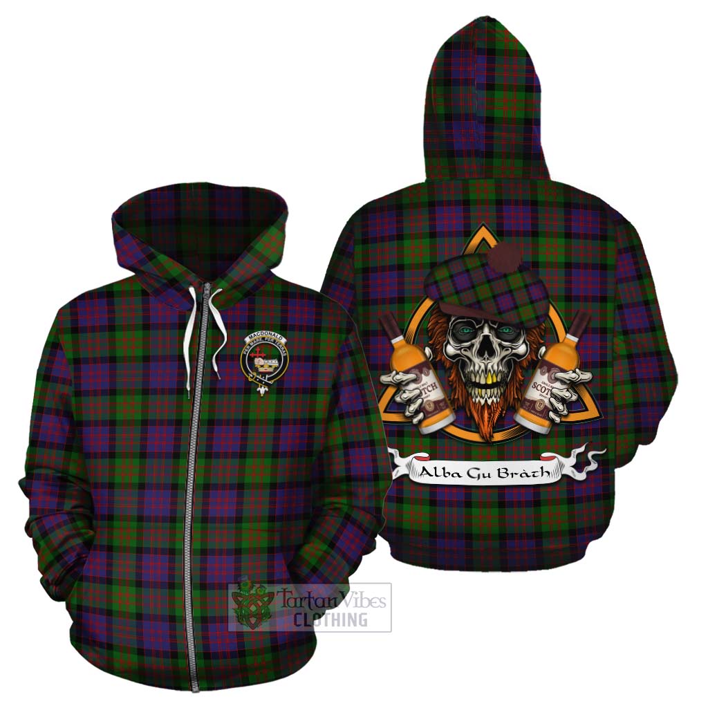 Tartan Vibes Clothing MacDonald (McDonald) Tartan Cotton Hoodie with Family Crest and Bearded Skull Holding Bottles of Whiskey