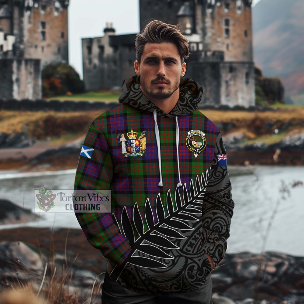 Tartan Vibes Clothing MacDonald (McDonald) Crest Tartan Cotton Hoodie with New Zealand Silver Fern Half Style