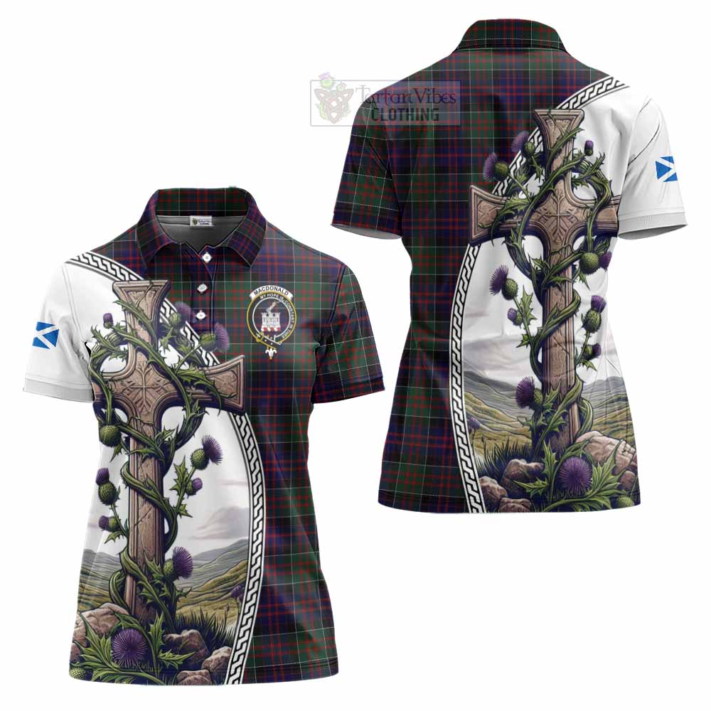 Tartan Vibes Clothing MacDonald (McDonald) of Clanranald Tartan Women's Polo Shirt with Family Crest and St. Andrew's Cross Accented by Thistle Vines