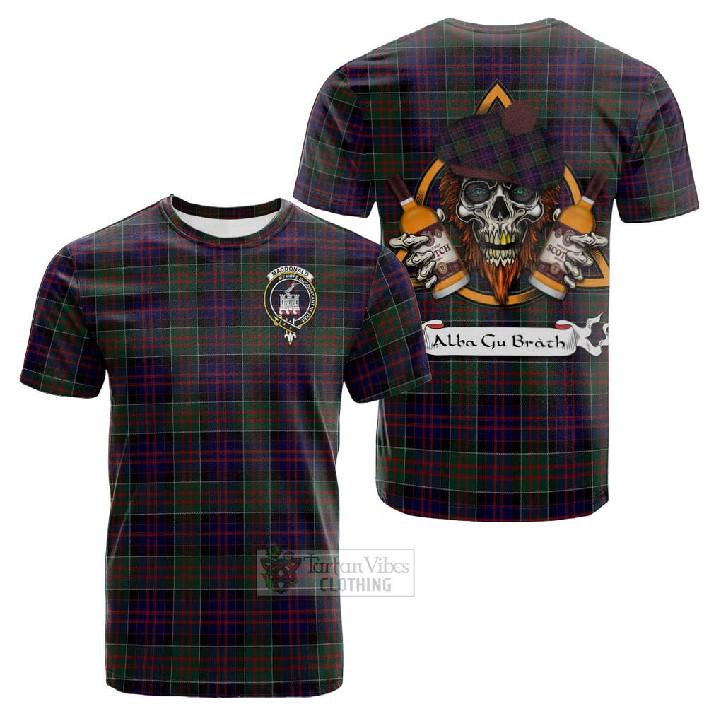 Tartan Vibes Clothing MacDonald (McDonald) of Clanranald Tartan Cotton T-shirt with Family Crest and Bearded Skull Holding Bottles of Whiskey