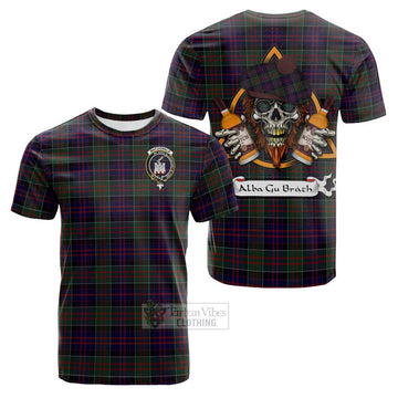 MacDonald (McDonald) of Clanranald Tartan Cotton T-shirt with Family Crest and Bearded Skull Holding Bottles of Whiskey