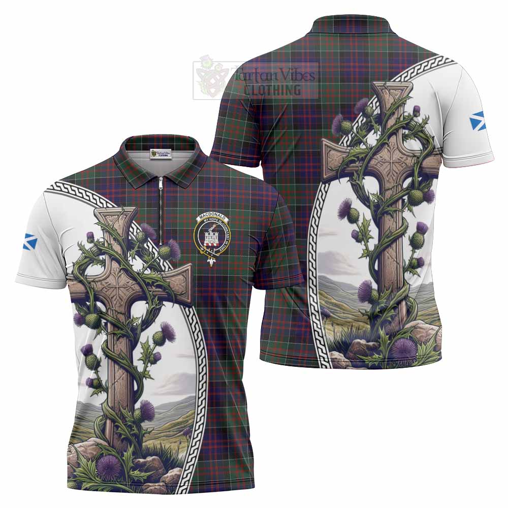 Tartan Vibes Clothing MacDonald (McDonald) of Clanranald Tartan Zipper Polo Shirt with Family Crest and St. Andrew's Cross Accented by Thistle Vines