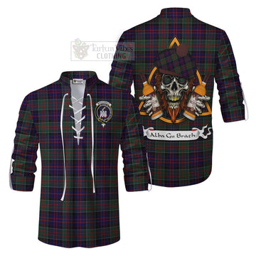 MacDonald (McDonald) of Clanranald Tartan Ghillie Kilt Shirt with Family Crest and Bearded Skull Holding Bottles of Whiskey