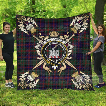 MacDonald (McDonald) of Clanranald Tartan Quilt with Family Crest and Golden Thistle Crossed Sword Design