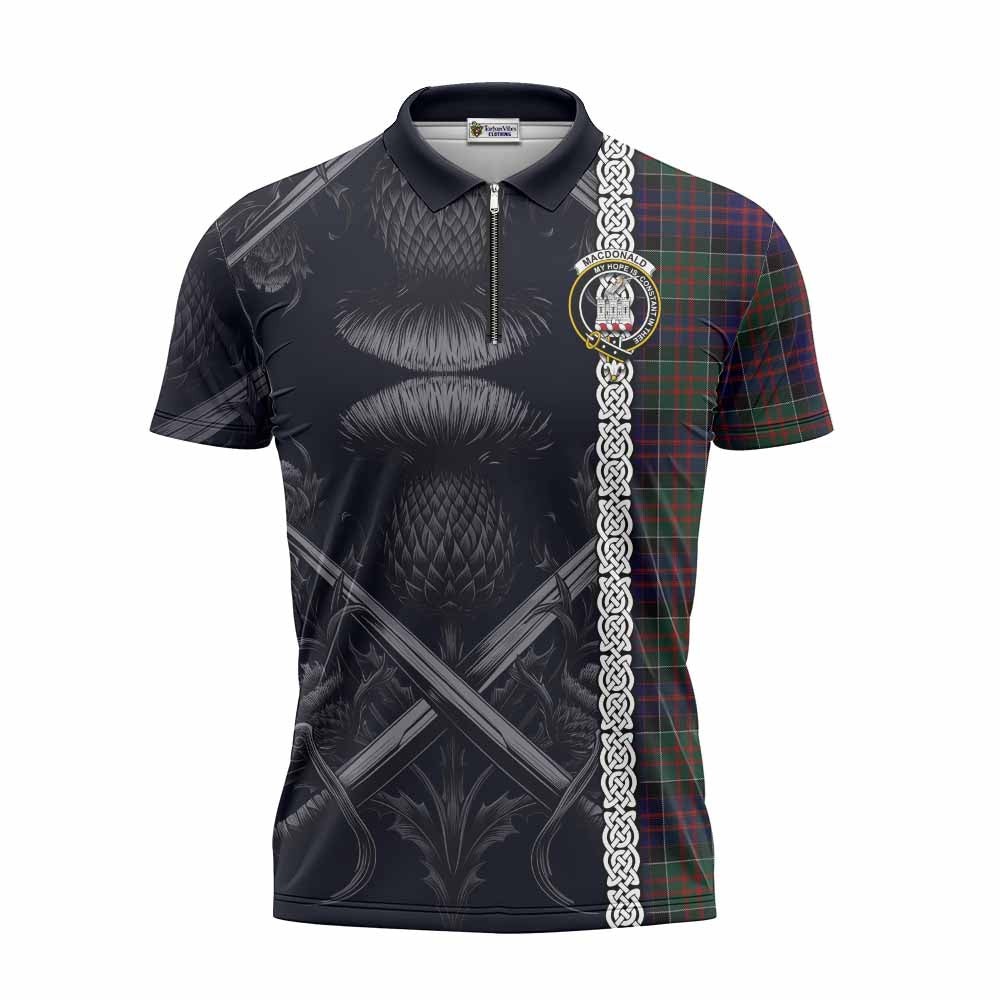 Tartan Vibes Clothing MacDonald (McDonald) of Clanranald Tartan Zipper Polo Shirt with Family Crest Cross Sword Thistle Celtic Vibes