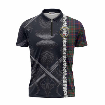 MacDonald (McDonald) of Clanranald Tartan Zipper Polo Shirt with Family Crest Cross Sword Thistle Celtic Vibes