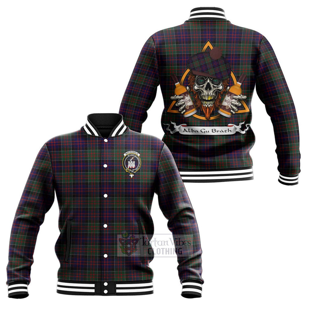 Tartan Vibes Clothing MacDonald (McDonald) of Clanranald Tartan Baseball Jacket with Family Crest and Bearded Skull Holding Bottles of Whiskey