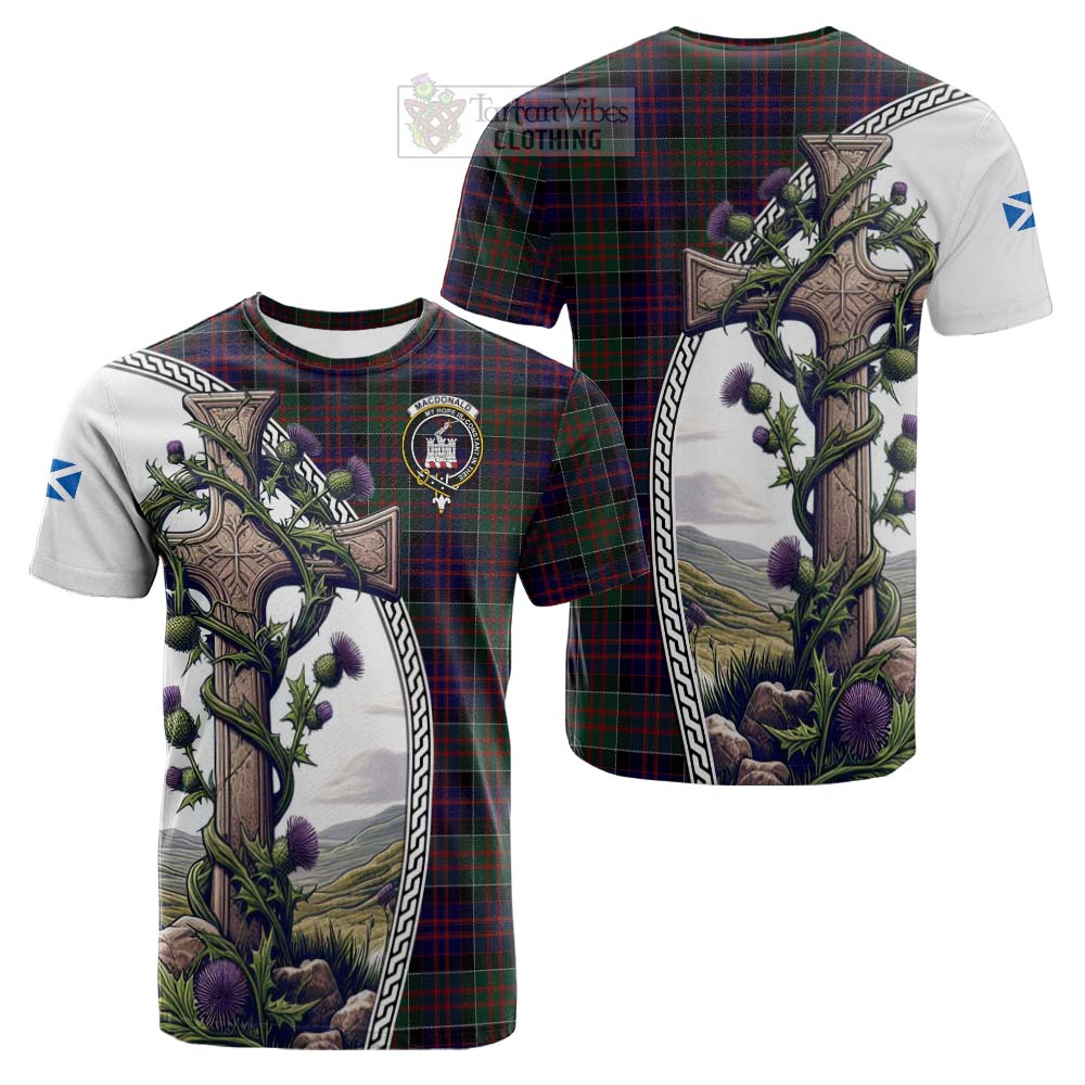 Tartan Vibes Clothing MacDonald (McDonald) of Clanranald Tartan Cotton T-shirt with Family Crest and St. Andrew's Cross Accented by Thistle Vines