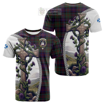 MacDonald (McDonald) of Clanranald Tartan Cotton T-shirt with Family Crest and St. Andrew's Cross Accented by Thistle Vines