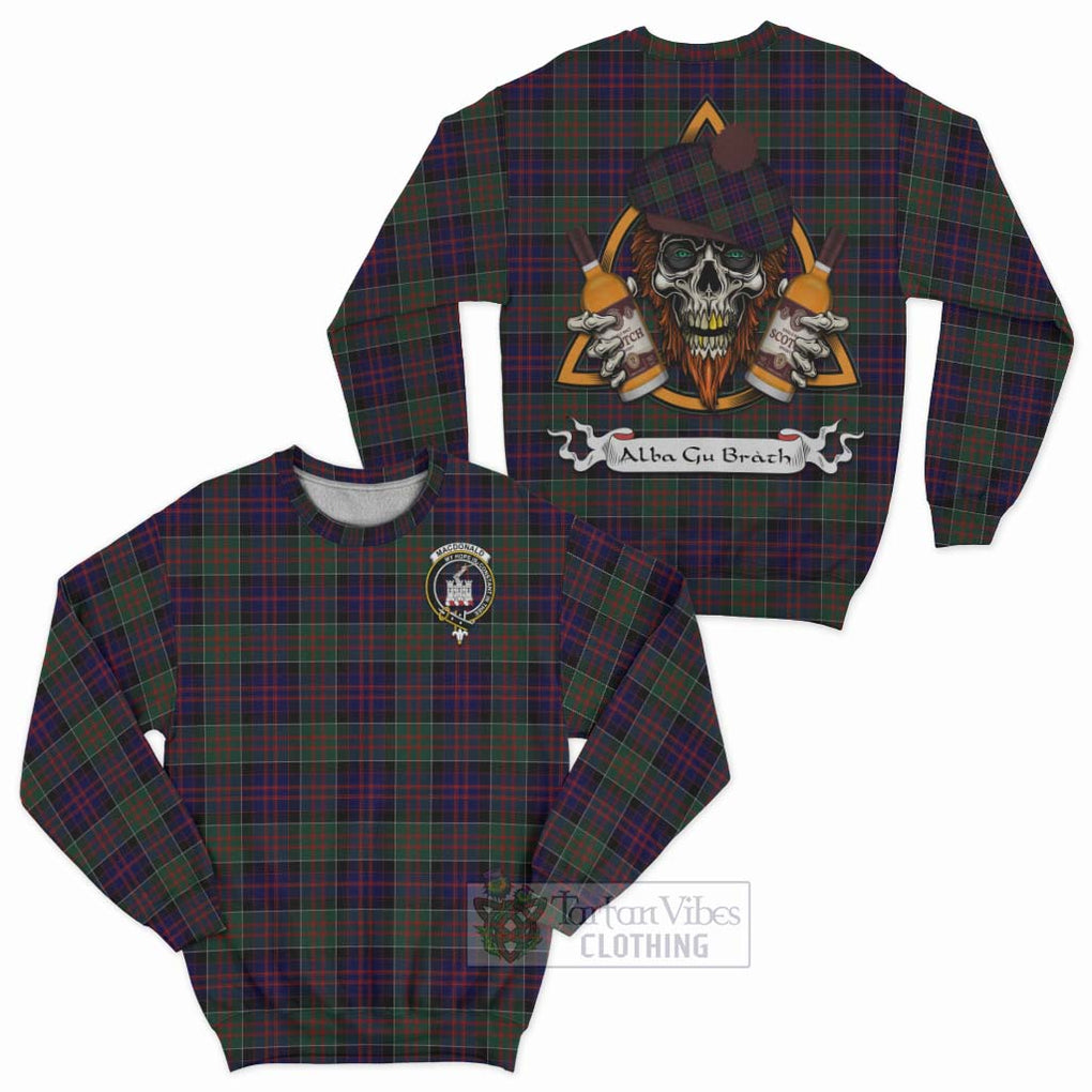 Tartan Vibes Clothing MacDonald (McDonald) of Clanranald Tartan Sweatshirt with Family Crest and Bearded Skull Holding Bottles of Whiskey