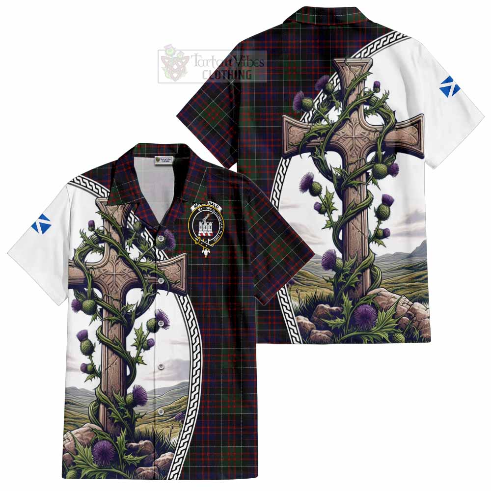 Tartan Vibes Clothing MacDonald (McDonald) of Clanranald Tartan Short Sleeve Button Shirt with Family Crest and St. Andrew's Cross Accented by Thistle Vines