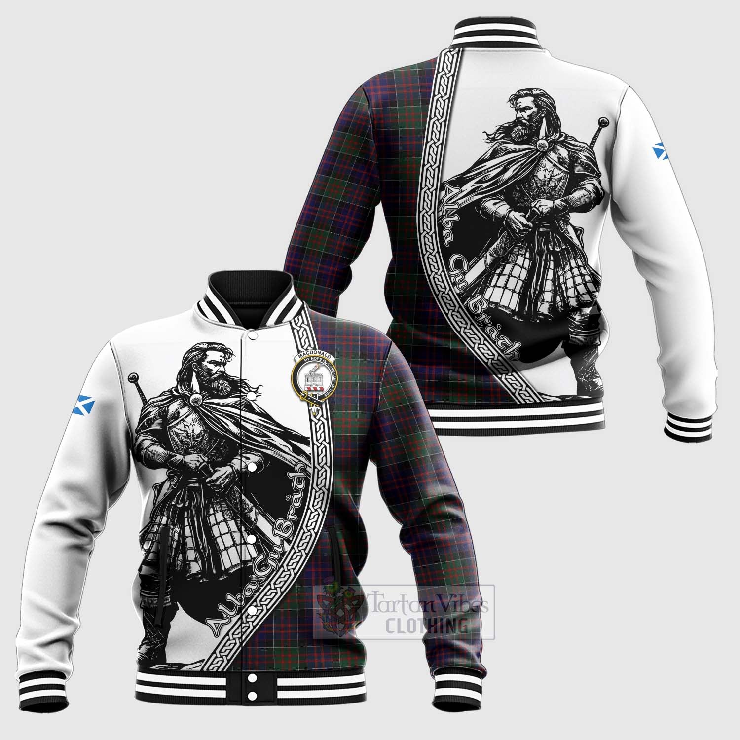 Tartan Vibes Clothing MacDonald (McDonald) of Clanranald Tartan Clan Crest Baseball Jacket with Highlander Warrior Celtic Style