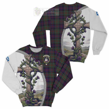 MacDonald (McDonald) of Clanranald Tartan Sweatshirt with Family Crest and St. Andrew's Cross Accented by Thistle Vines