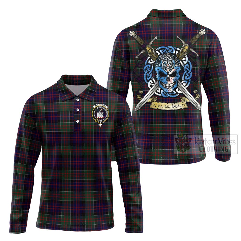 Tartan Vibes Clothing MacDonald (McDonald) of Clanranald Tartan Long Sleeve Polo Shirt with Family Crest Celtic Skull Style