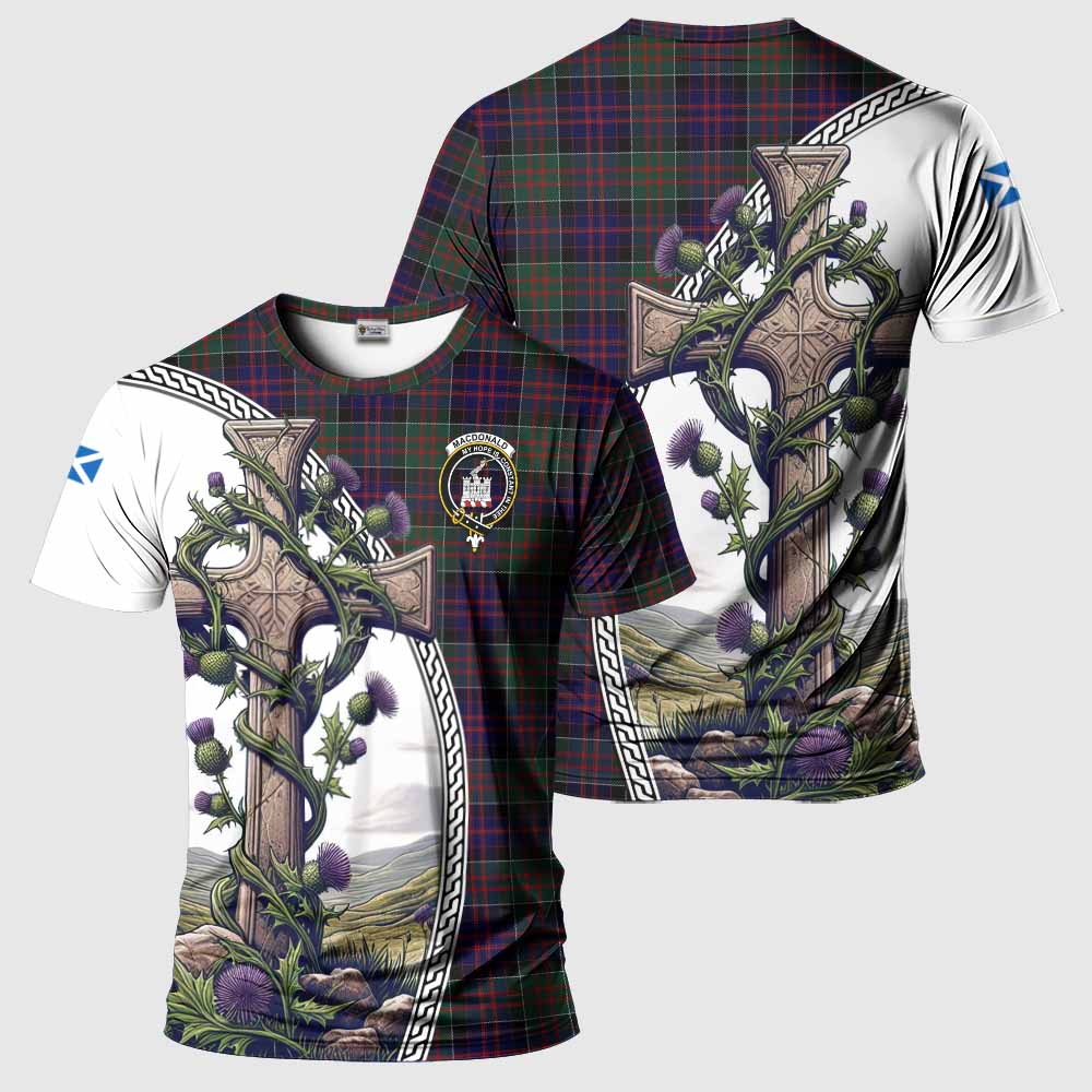 Tartan Vibes Clothing MacDonald (McDonald) of Clanranald Agnew Tartan T-Shirt with Family Crest and St. Andrew's Cross Accented by Thistle Vines