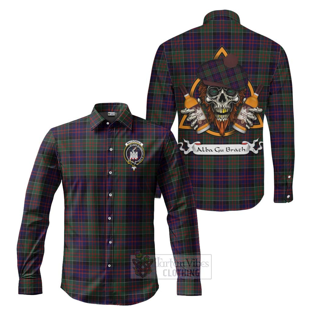 Tartan Vibes Clothing MacDonald (McDonald) of Clanranald Tartan Long Sleeve Button Shirt with Family Crest and Bearded Skull Holding Bottles of Whiskey