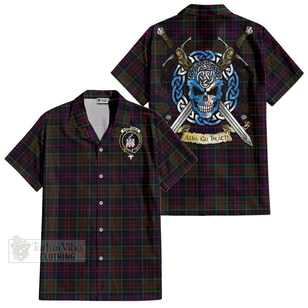 Tartan Vibes Clothing MacDonald (McDonald) of Clanranald Tartan Short Sleeve Button Shirt with Family Crest Celtic Skull Style