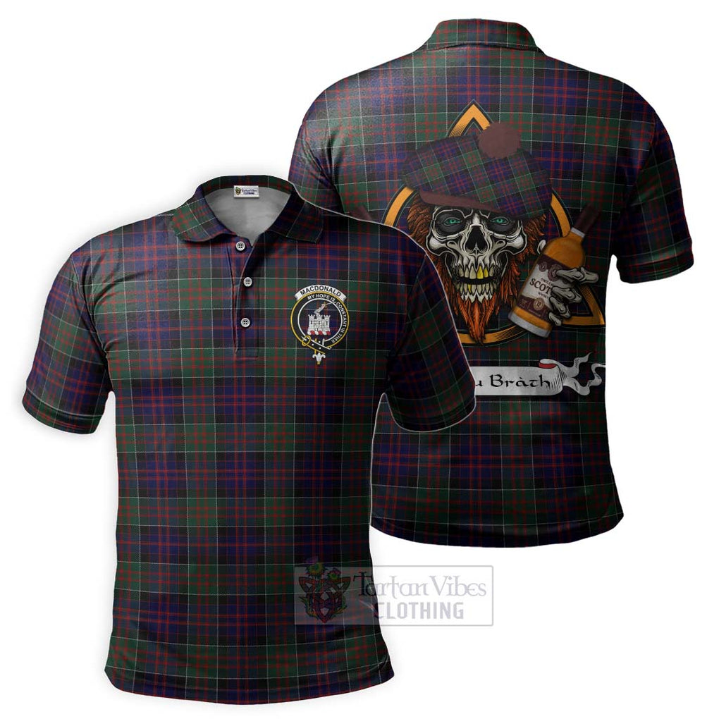 Tartan Vibes Clothing MacDonald (McDonald) of Clanranald Tartan Polo Shirt with Family Crest and Bearded Skull Holding Bottles of Whiskey