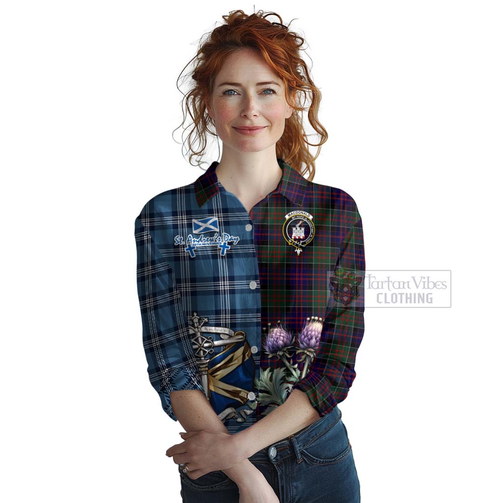 Tartan Vibes Clothing MacDonald (McDonald) of Clanranald Tartan Women's Casual Shirt Happy St. Andrew's Day Half Tartan Style