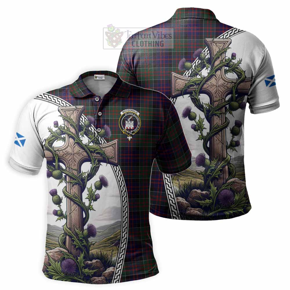 Tartan Vibes Clothing MacDonald (McDonald) of Clanranald Tartan Polo Shirt with Family Crest and St. Andrew's Cross Accented by Thistle Vines