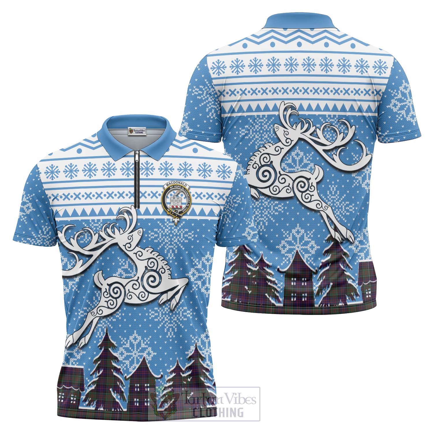 Tartan Vibes Clothing MacDonald (McDonald) of Clanranald Clan Christmas Zipper Polo Shirt Celtic Reindeer Style