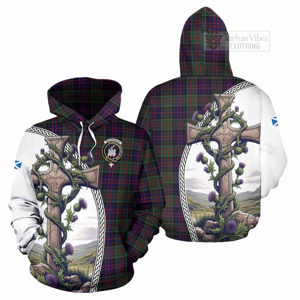 Tartan Vibes Clothing MacDonald (McDonald) of Clanranald Tartan Hoodie with Family Crest and St. Andrew's Cross Accented by Thistle Vines