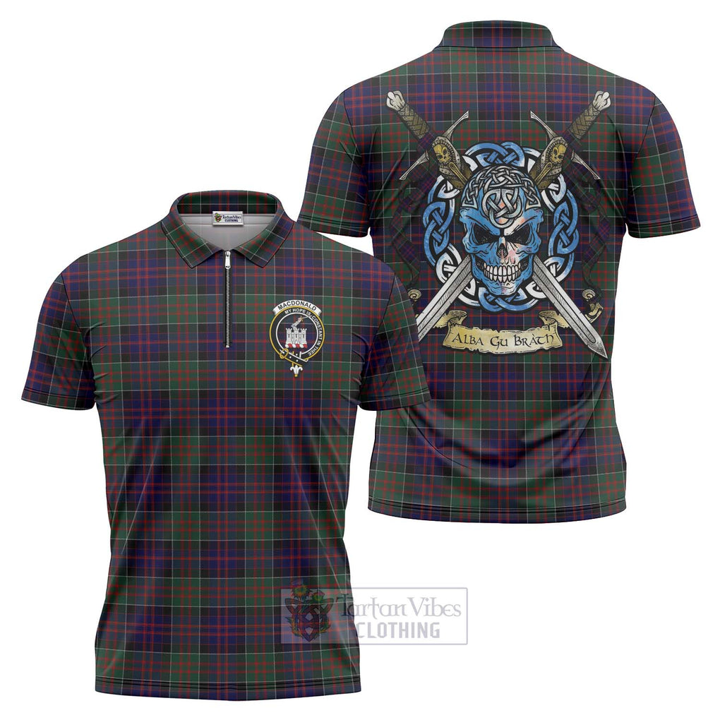 Tartan Vibes Clothing MacDonald (McDonald) of Clanranald Tartan Zipper Polo Shirt with Family Crest Celtic Skull Style