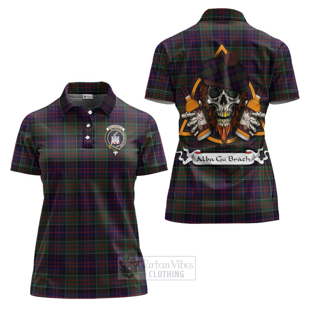 Tartan Vibes Clothing MacDonald (McDonald) of Clanranald Tartan Women's Polo Shirt with Family Crest and Bearded Skull Holding Bottles of Whiskey