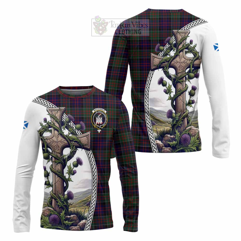 Tartan Vibes Clothing MacDonald (McDonald) of Clanranald Tartan Long Sleeve T-Shirt with Family Crest and St. Andrew's Cross Accented by Thistle Vines