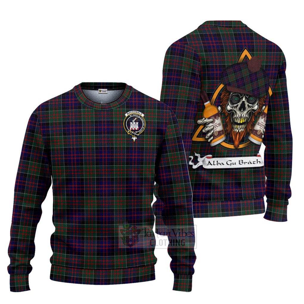 Tartan Vibes Clothing MacDonald (McDonald) of Clanranald Tartan Knitted Sweater with Family Crest and Bearded Skull Holding Bottles of Whiskey