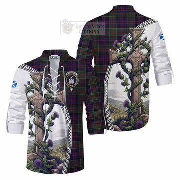 MacDonald (McDonald) of Clanranald Tartan Ghillie Kilt Shirt with Family Crest and St. Andrew's Cross Accented by Thistle Vines