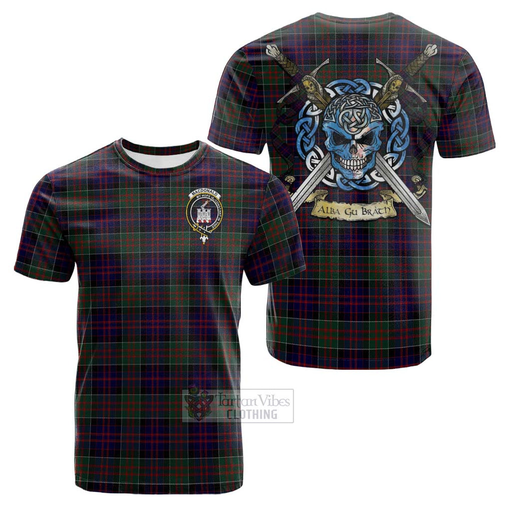 Tartan Vibes Clothing MacDonald (McDonald) of Clanranald Tartan Cotton T-shirt with Family Crest Celtic Skull Style