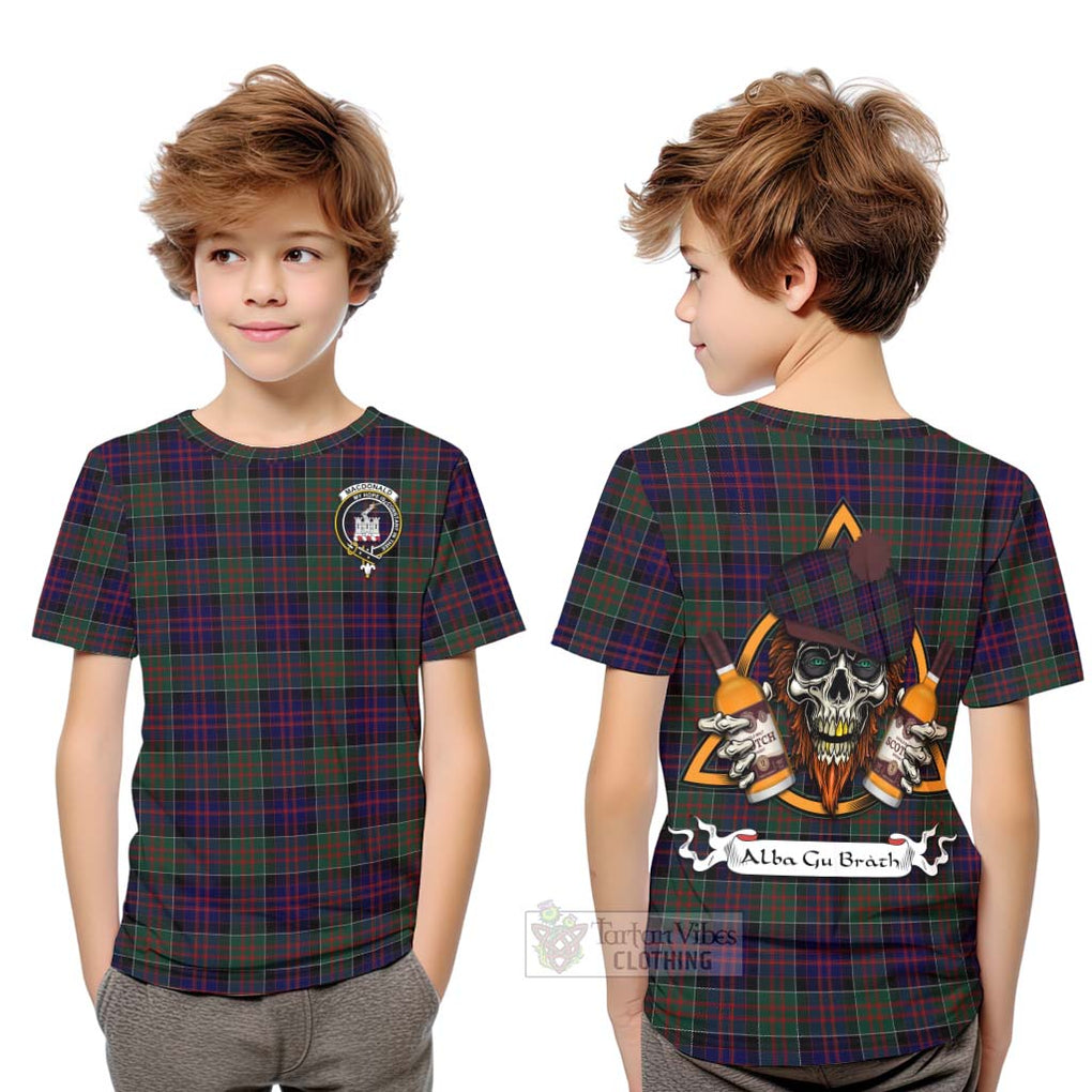 Tartan Vibes Clothing MacDonald (McDonald) of Clanranald Tartan Kid T-Shirt with Family Crest and Bearded Skull Holding Bottles of Whiskey