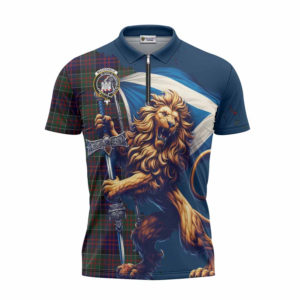 Tartan Vibes Clothing MacDonald (McDonald) of Clanranald Tartan Family Crest Zipper Polo Shirt with Scottish Majestic Lion