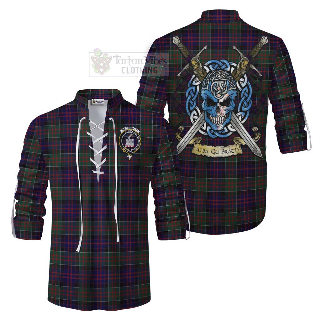 Tartan Vibes Clothing MacDonald (McDonald) of Clanranald Tartan Ghillie Kilt Shirt with Family Crest Celtic Skull Style