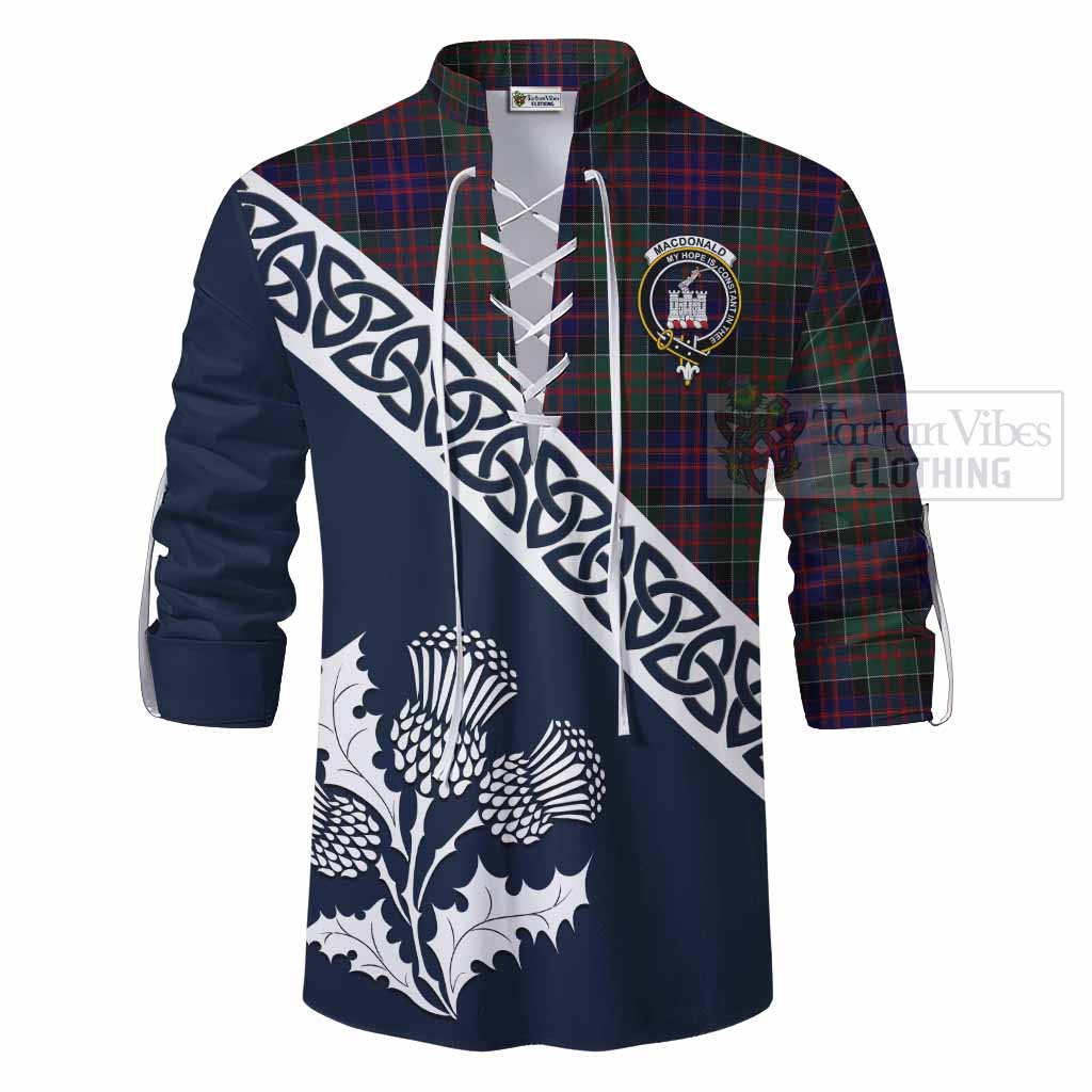 Tartan Vibes Clothing MacDonald (McDonald) of Clanranald Tartan Ghillie Kilt Shirt Featuring Thistle and Scotland Map