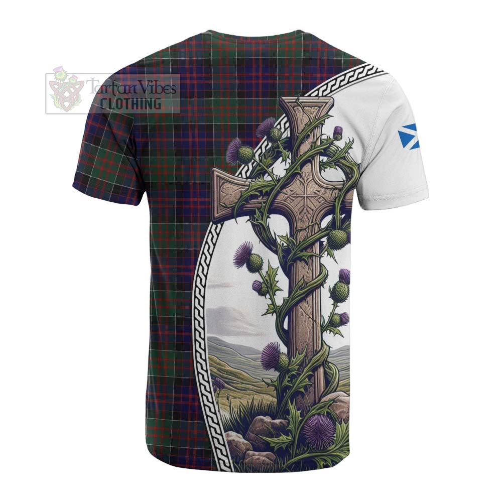 Tartan Vibes Clothing MacDonald (McDonald) of Clanranald Tartan Cotton T-shirt with Family Crest and St. Andrew's Cross Accented by Thistle Vines