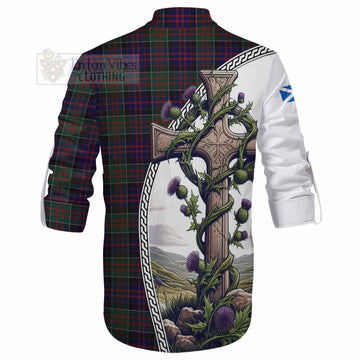 MacDonald (McDonald) of Clanranald Tartan Ghillie Kilt Shirt with Family Crest and St. Andrew's Cross Accented by Thistle Vines