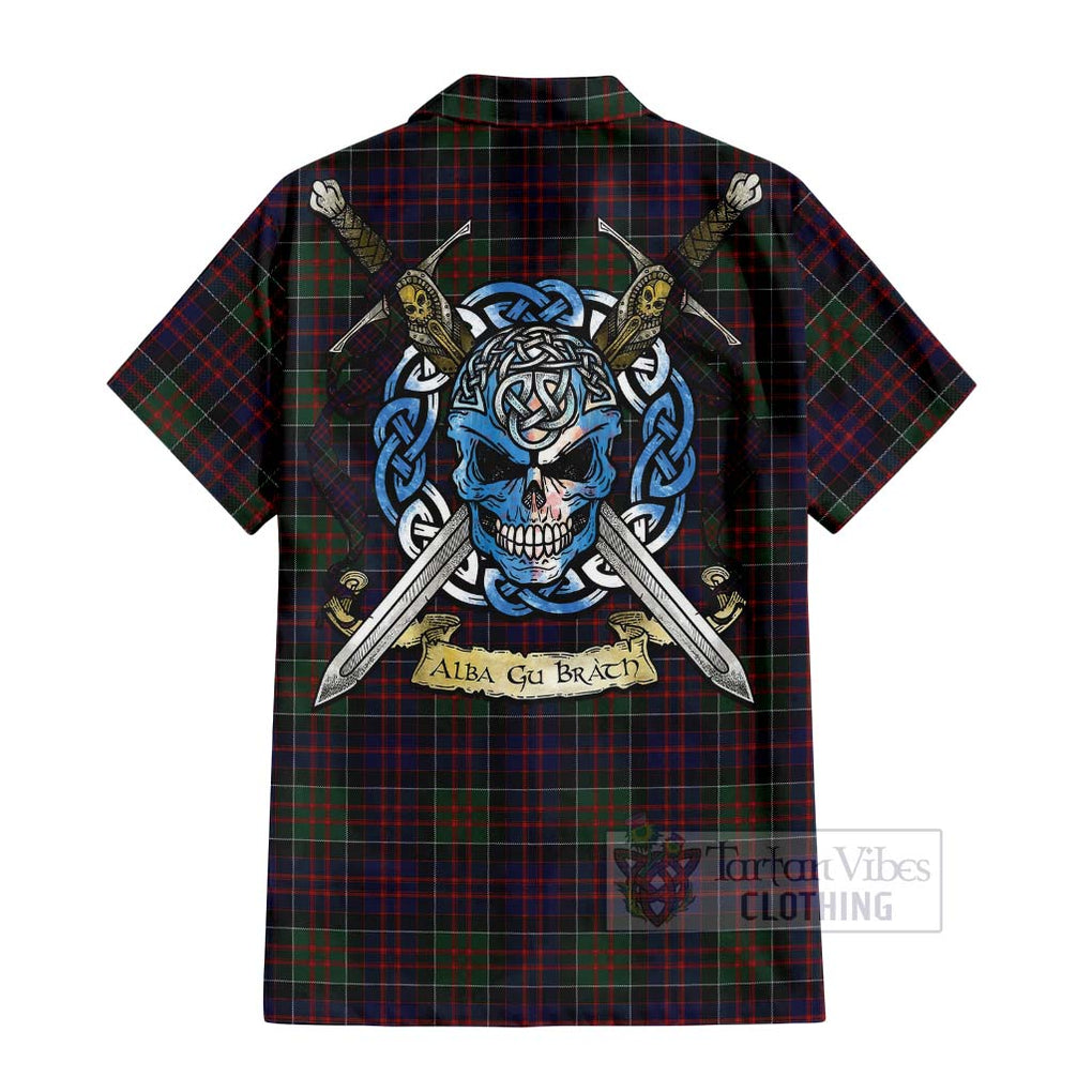 Tartan Vibes Clothing MacDonald (McDonald) of Clanranald Tartan Short Sleeve Button Shirt with Family Crest Celtic Skull Style