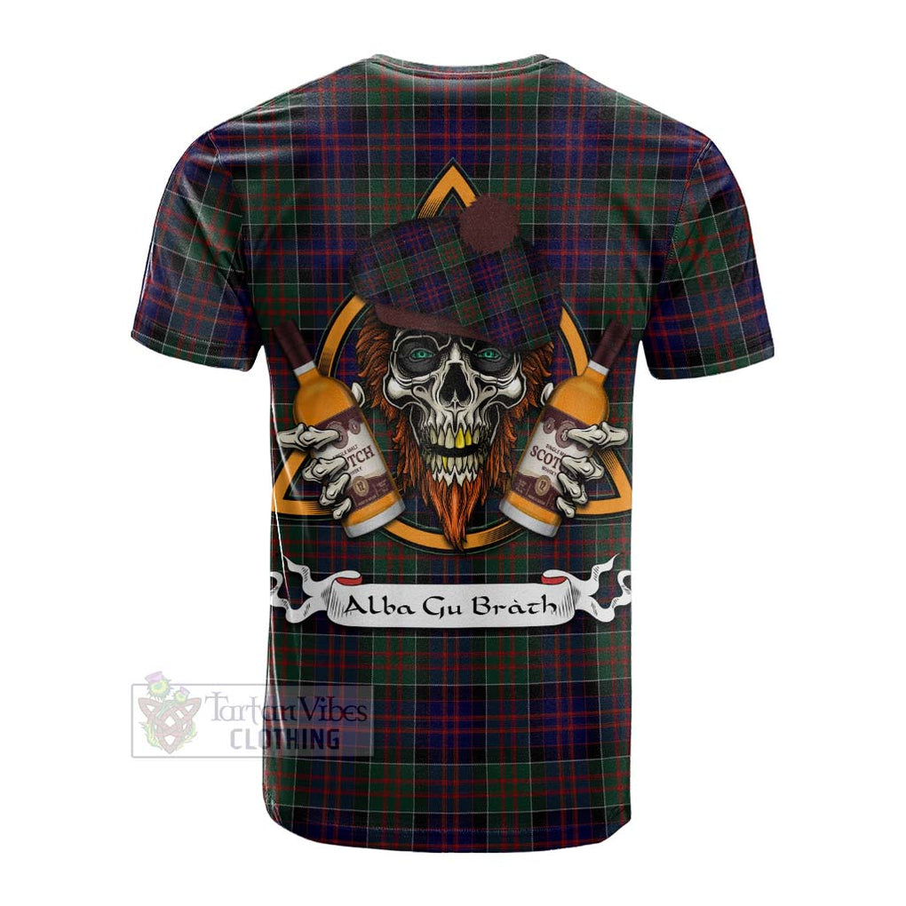 Tartan Vibes Clothing MacDonald (McDonald) of Clanranald Tartan Cotton T-shirt with Family Crest and Bearded Skull Holding Bottles of Whiskey